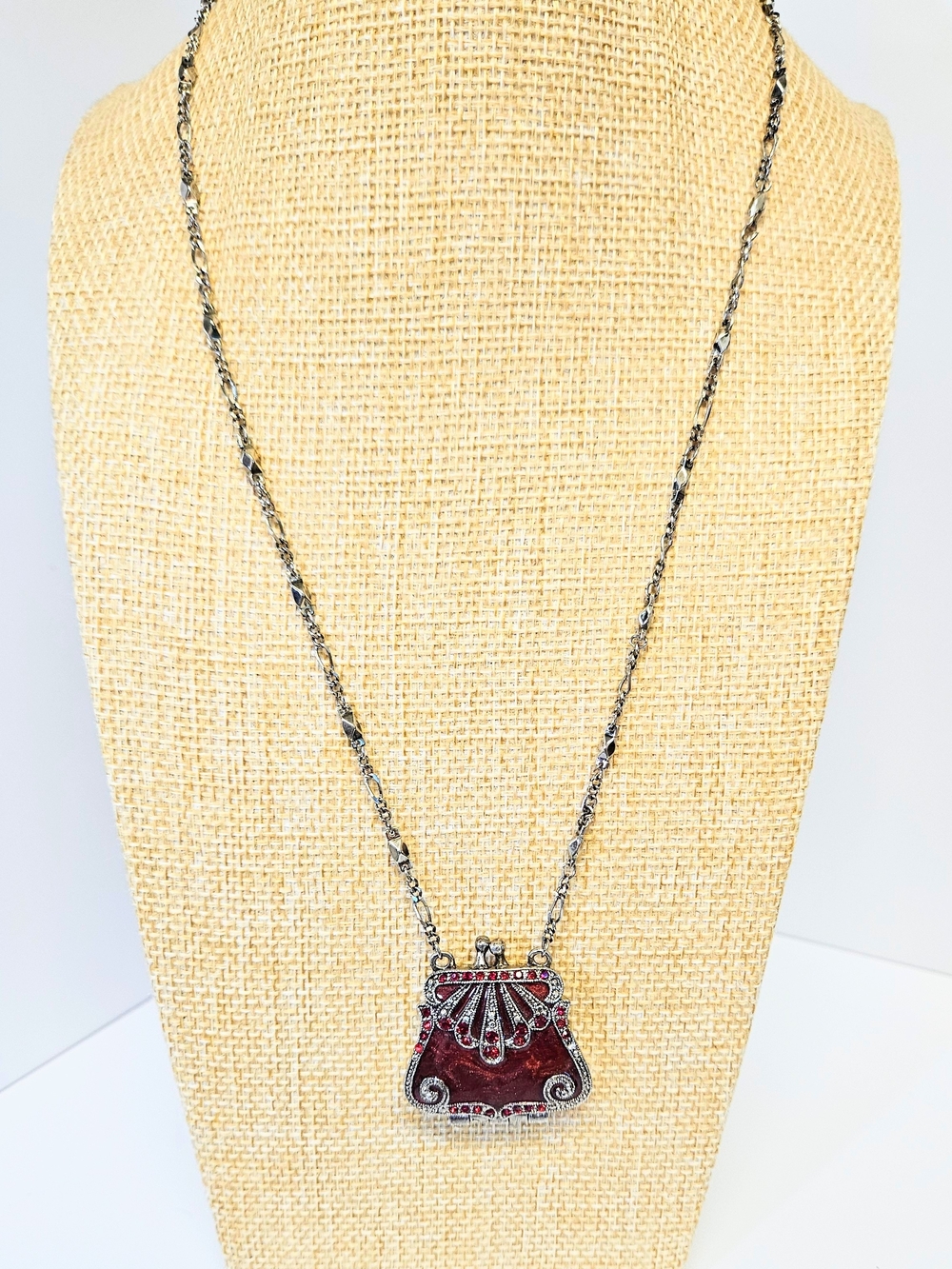Vintage-Inspired Burgundy Enameled Crystal Purse Locket Pendant Necklace
